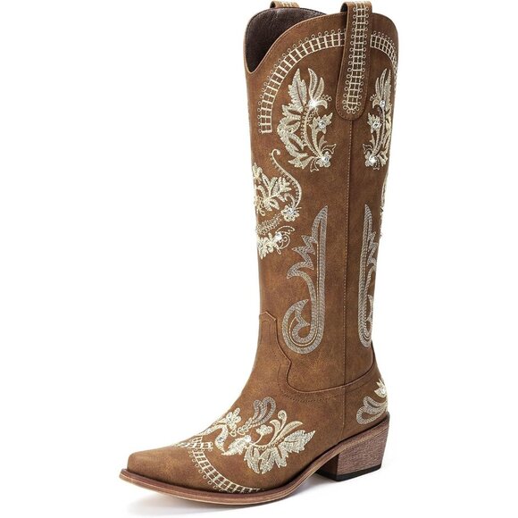Lumeheel Brown Cowboy Boots Women Knee High Western Rhinestone Ch - Picture 1 of 4